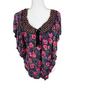 Anthropologie Ric Rac Blouse Women Small Black Pink Floral Flutter Sleeve Top